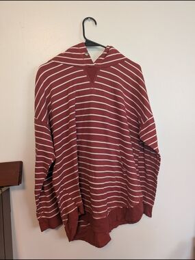 Maurices Maroon and Cream Striped Crewneck Sweater